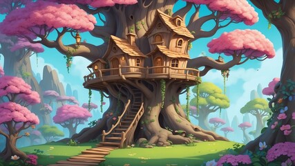 Fototapeta premium Enchanted Treehouse in Bloom Cartoon Background Design