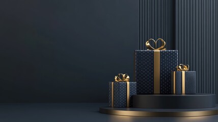 Dark-themed gift boxes with gold ribbons displayed on black platforms