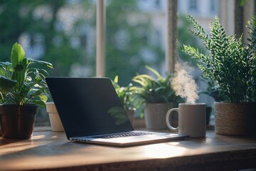Laptop on wooden desk with coffee mug and indoor plants near window