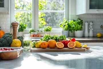 Fresh produce on kitchen counter with sunlight