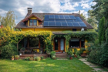 Eco-friendly house with solar panels and plants