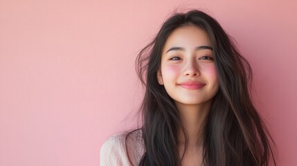 Fototapeta premium Portrait of a smiling young woman with long hair, isolated on a soft pastel pink background, gentle lighting accentuates features.