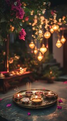 Fototapeta premium Traditional brass thali with sweets, incense sticks, and a diya on a stone patio, with the background of a home illuminated by hanging lanterns and flower garlands. Copy space, happy Diwali background