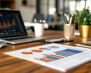 A modern workspace featuring a laptop, graphs on paper, and office supplies, illustrating productivity and data analysis.