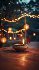 Traditional Indian brass oil lamp on a wooden table, with a backdrop of a garden lit up with lanterns and Diwali fireworks. Copy space, happy Diwali background, traditional, Indian festival