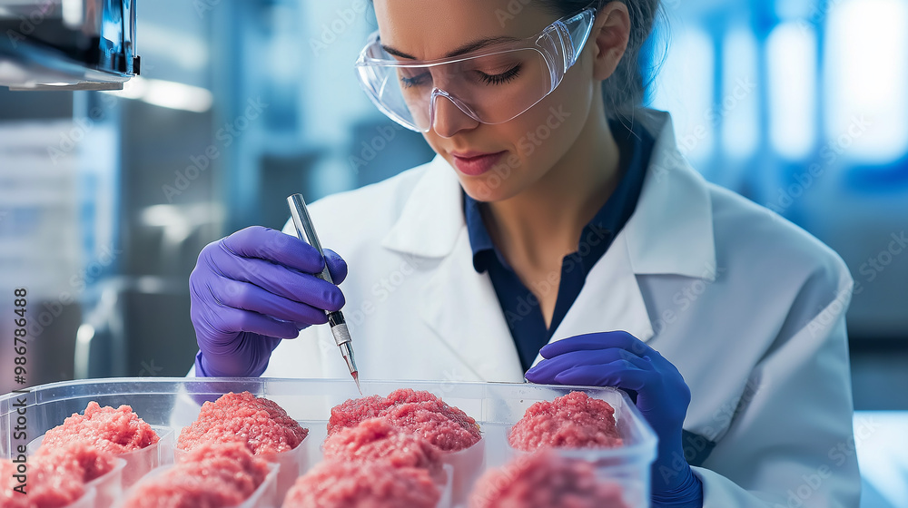 Poster food scientist analyzing meat sample in the lab