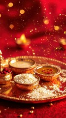 Fototapeta premium Traditional puja thali with kumkum and rice, placed on a ruby red backdrop, copy space, happy Diwali background, traditional, Indian festival. 