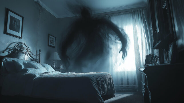 Scary ghost appearing in haunted bedroom at night