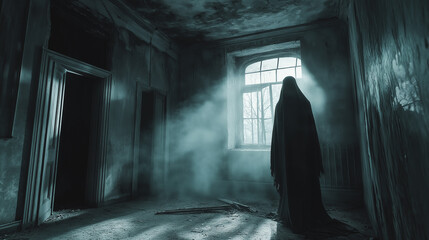 Ghostly figure standing in abandoned room with bright window light