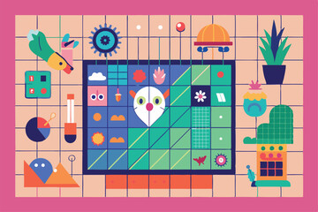 Obraz premium A colorful grid layout showcases playful designs including plants, shapes, and a curious owl in a lively arrangement, Customizable grid design with disproportionate illustration.