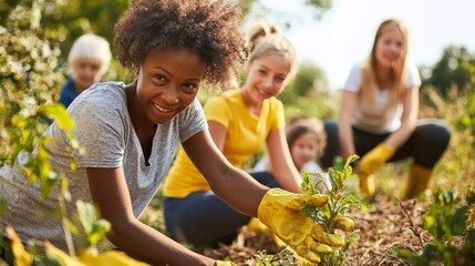 Multi-generational group of volunteers working together to clean up a park, showing unity and inclusion across ages and cultures
