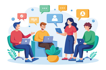 Fototapeta premium A group of four individuals engages in a collaborative discussion, sharing ideas and using technology, Customizable group discussion with disproportionate illustration.