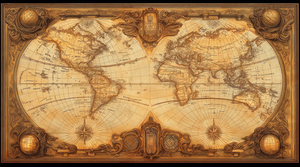 Antique map of the world showing the continents and oceans in a vintage, sepia toned style