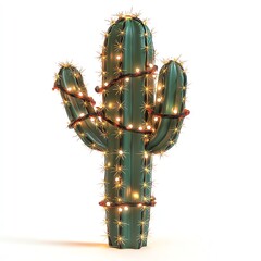 A large cactus with glowing Black Friday lights wrapped around it, festive and eye-catching, isolated on white background
