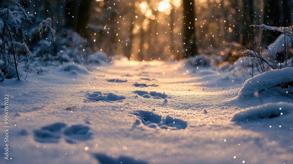 Poster a serene winter scene featuring animal tracks in fresh snow, illuminated by gentle sunlight filterin