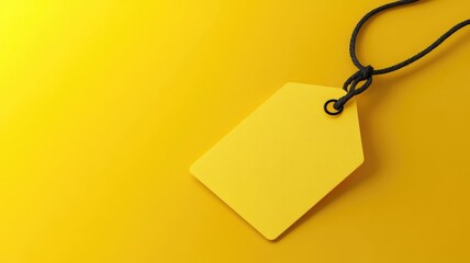 Bright, yellow price tag with black string on background