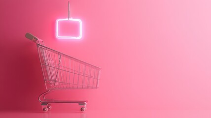 Empty shopping cart against pink background with neon sign