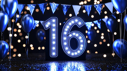 Blue illuminated number sixteen surrounded by blue balloons and hanging flag garland on a black background with bokeh