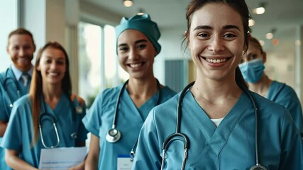 Dedicated healthcare professionals in scrubs working together in a modern hospital environment