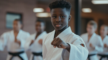 Young karate athlete practicing punching during training