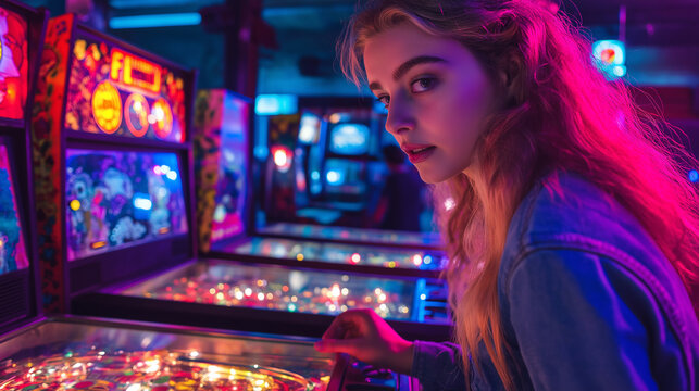 Young woman playing pinball in an arcade with neon lights