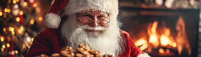 Obraz premium Festive Santa Claus smiling by the fireplace, surrounded by Christmas decorations, perfect for holiday-themed projects.