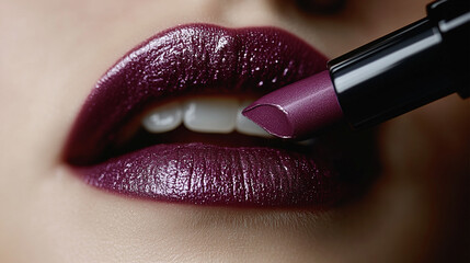 Artistic shot of bold purple lipstick with matte finish being applied to lips.