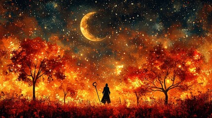 Fototapeta premium Enchanted Night with Moon and Autumn Trees