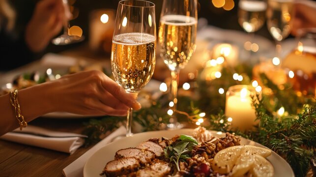 New Year's Eve dinner with friends, a table filled with delicious food, champagne, and cheerful toasts to the year ahead