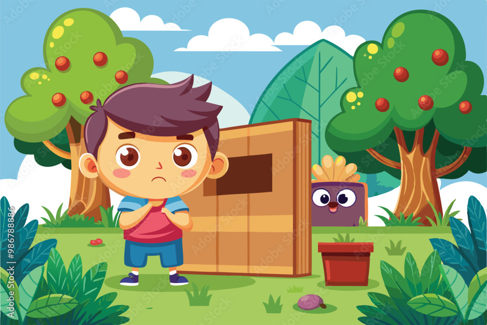 Poster a young boy prepares to play hide and seek in a colorful outdoor setting with trees and bushes, cust