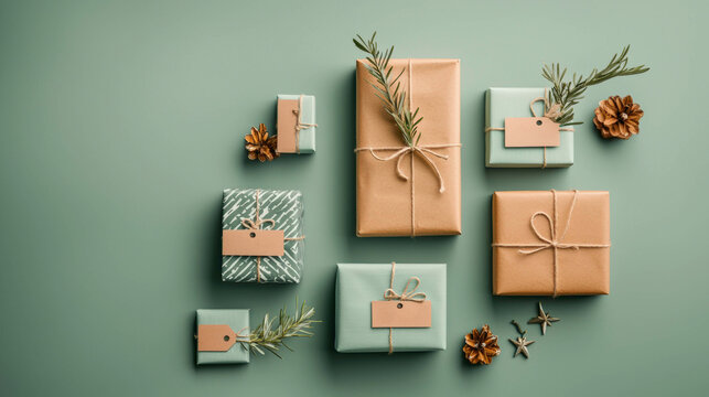 A beautifully curated collection of gifts in earthy tones and soft greens, wrapped in sustainable materials. Each package comes with a personalised name tag featuring a nature motif.