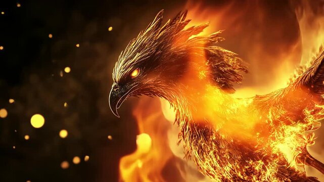 Majestic phoenix emerges from flames in a stunning display of power and beauty at dusk