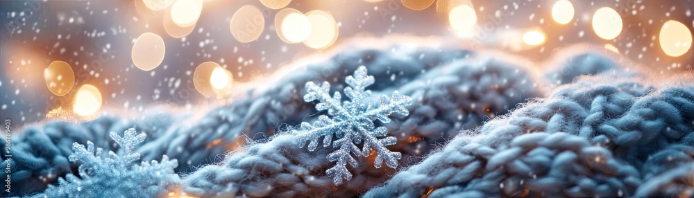 Aufkleber beautiful snowflake resting on cozy knit texture, surrounded by soft bokeh lights creating a serene 