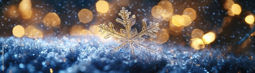 Poster a shimmering snowflake rests on soft, blue snow, illuminated by warm golden lights, creating a cozy 