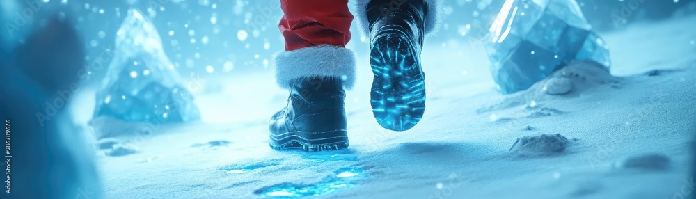 Poster a festive scene featuring footsteps in snow, capturing the magic of winter with colorful lights and 