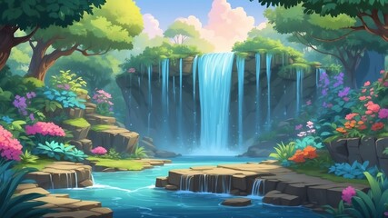 Magical Waterfall in the Garden Cartoon Background Design