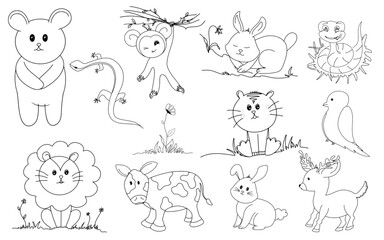 Hand drawn line art cartoon doodle animal wildlife collection of Rabbit, Snake, Bird, Cow, Bear, Lizard, Cat, Lion, Deer, Monkey