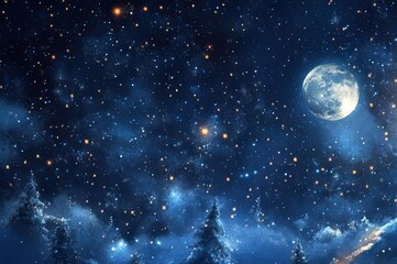 Obraz premium A magical winter night scene featuring Santa Claus in a sleigh over a snowy landscape under a starry sky and full moon.