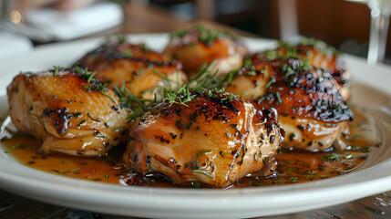 Chicken soaked in liquor in a white plate, in a luxurious shop.