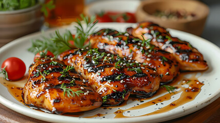 Chicken soaked in liquor in a white plate, in a luxurious shop.