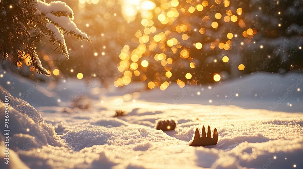 Poster A serene winter scene with glowing sunlight filtering through snow-covered trees, creating a magical atmosphere.