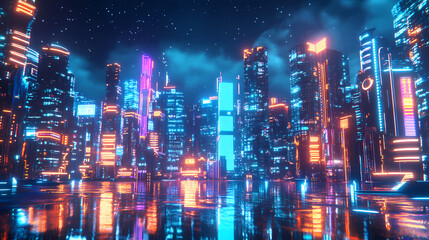 Obraz premium A futuristic night city in the distance glowing with neon light. surrealistic skyscrapers. cyberpunk, immersive world of the metaverse. 3d rendering. ai generated. City at Night. Illustration
