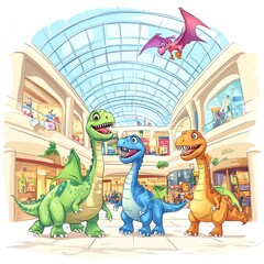 Fototapeta premium Dinosaurs in a shopping mall during Black Friday, cartoon style, colorful and lively, isolated on white background