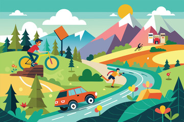 Obraz premium A cyclist rides on a trail while a runner jogs alongside a flowing river in a scenic, colorful landscape, Customizable Disproportionate Illustration for Fall