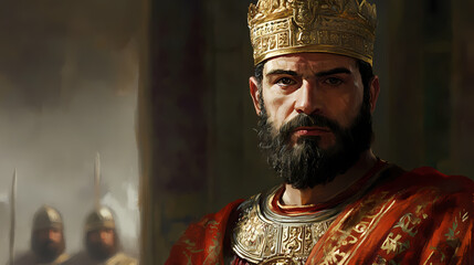 A man with a gold hat on his head and a red robe. Byzantine Empire. Illustration