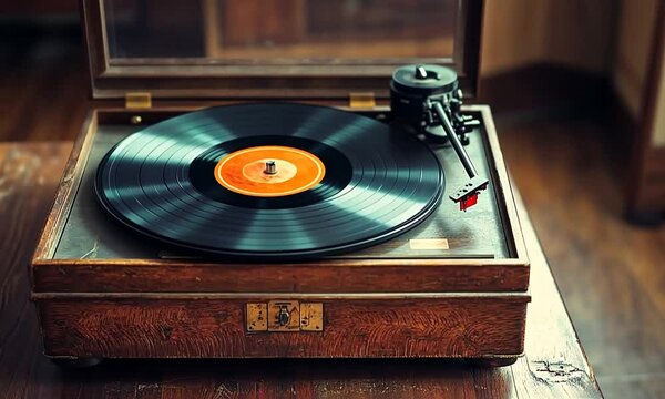 Vintage record player with a black vinyl record spinning on a wooden turntable.