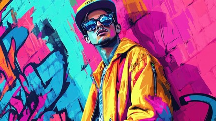 Vibrant Street Art Fashion: Cool Young Man in Colorful Urban Outfit