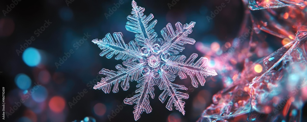 Poster beautiful snowflake captured in intricate detail, showcasing crystal patterns against a vibrant, col