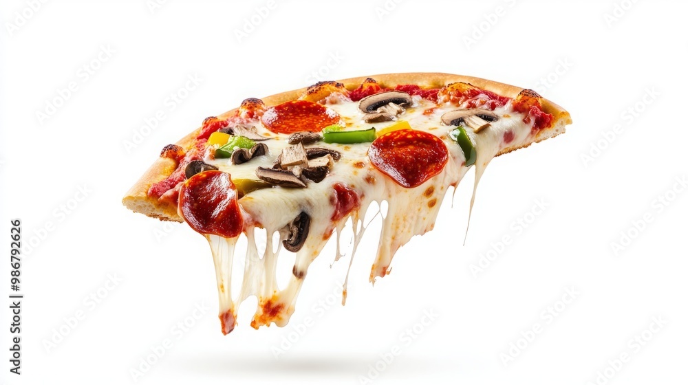 Wall mural a vibrant slice of pizza floating in mid-air against a clean white background, showcasing an assortm