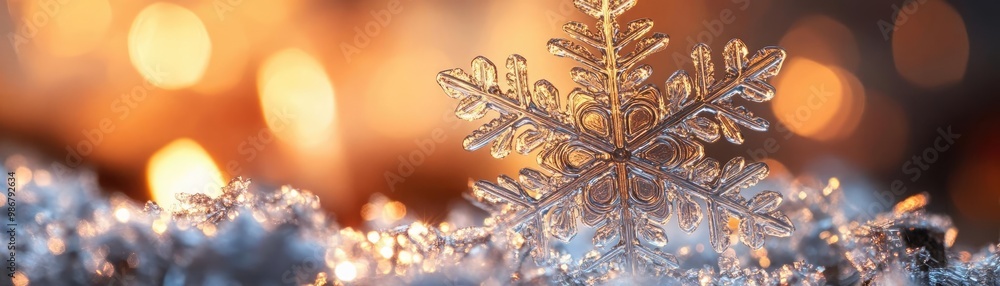 Poster a close-up of a delicate snowflake resting on soft snow, capturing the beauty of winter and the magi